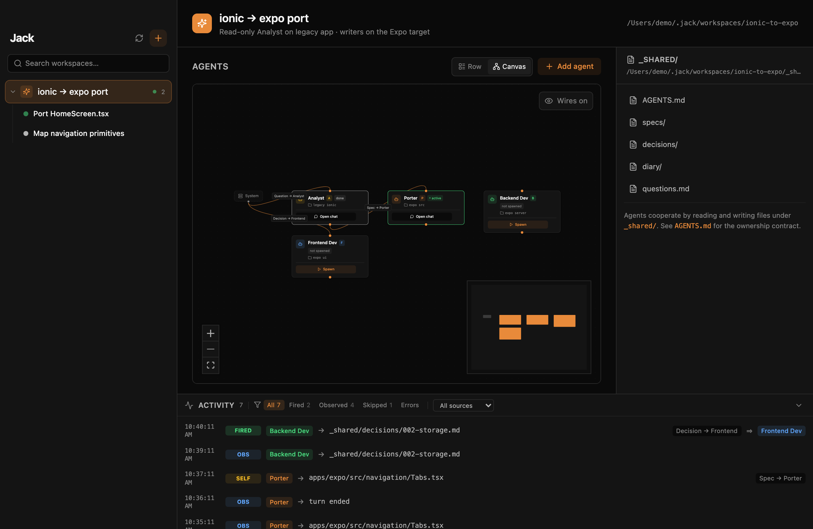 Workspace agent canvas — React Flow node graph with trigger edges