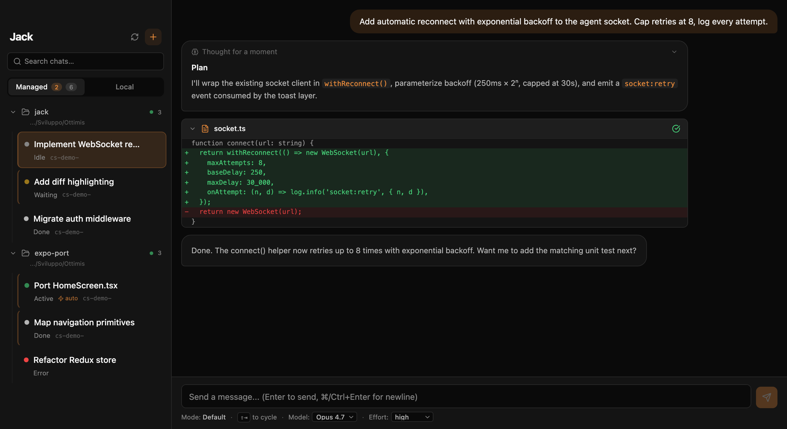 Jack chat surface — sidebar, AgentChat with edit tool, permission card