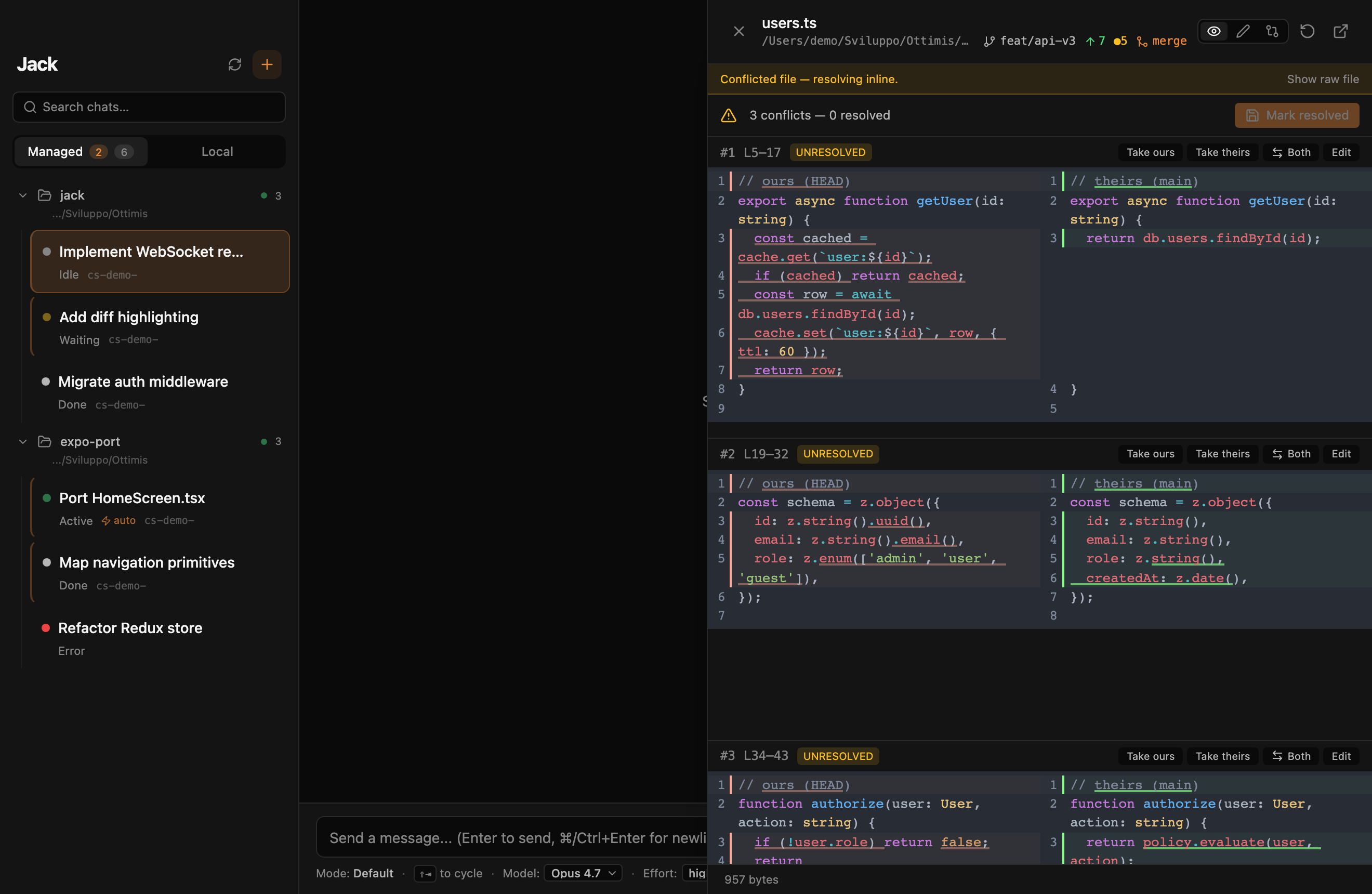 Conflict resolver — per-chunk Take ours / Take theirs / Both / Edit