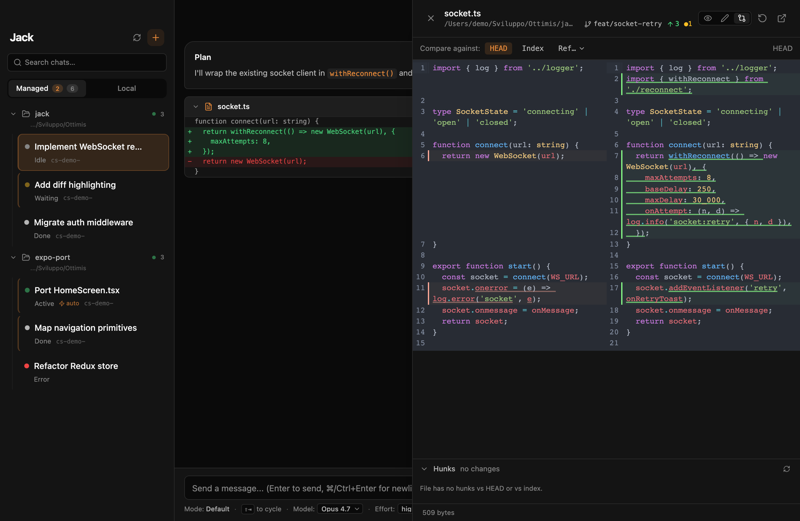 File viewer in Diff mode — CodeMirror Merge with hunk staging panel