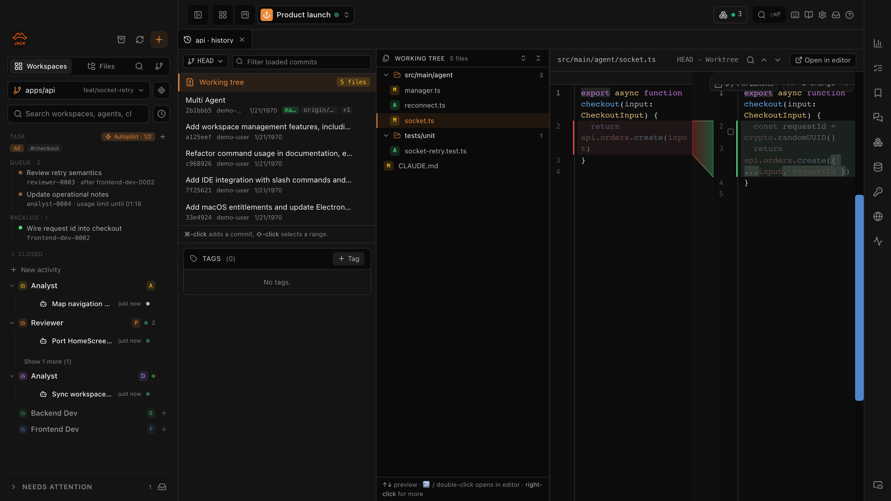 Git review tab with commits, changed files and an inline diff in three columns