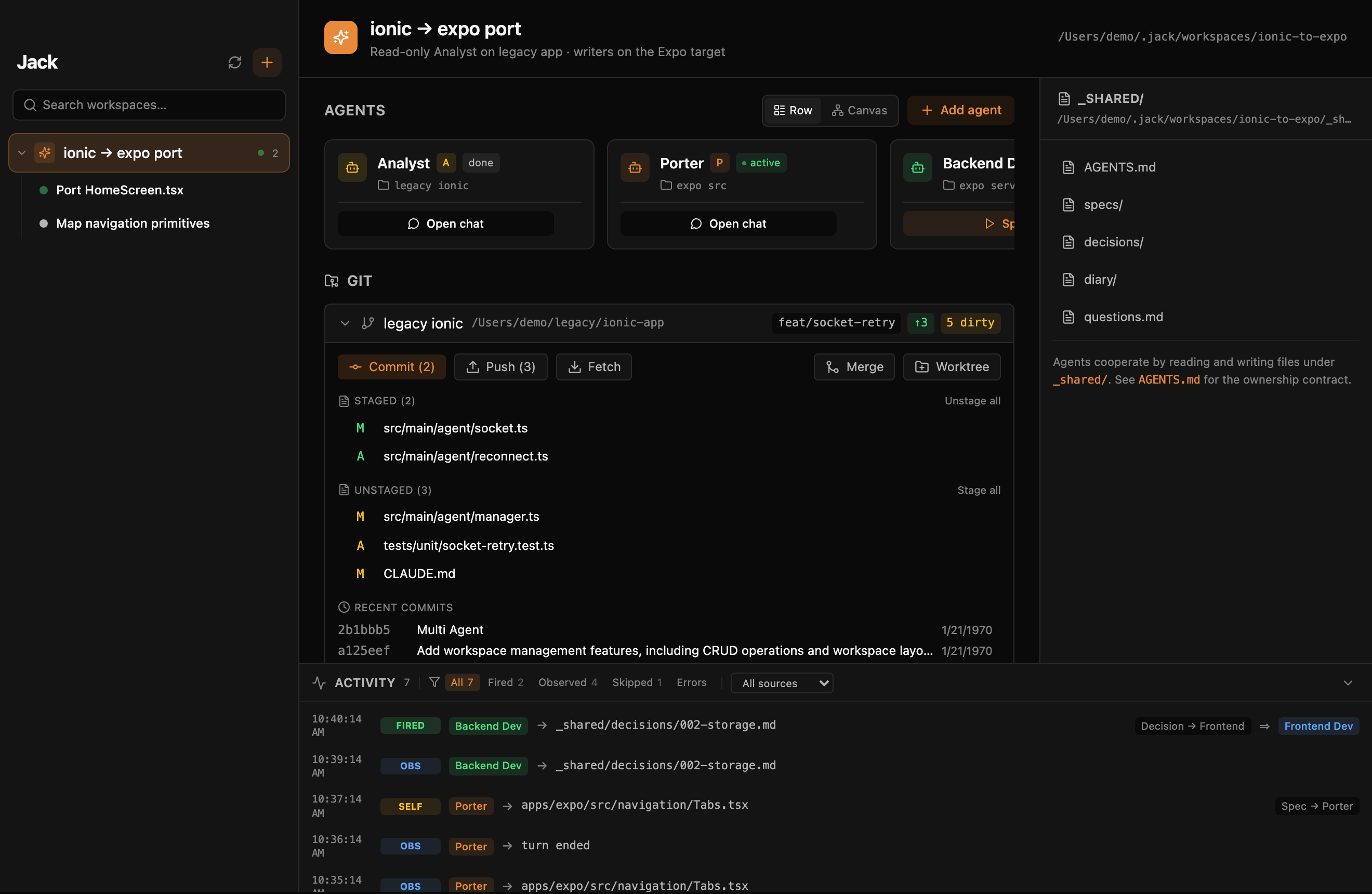 Workspace git panel — staged / unstaged / commit composer / recent commits
