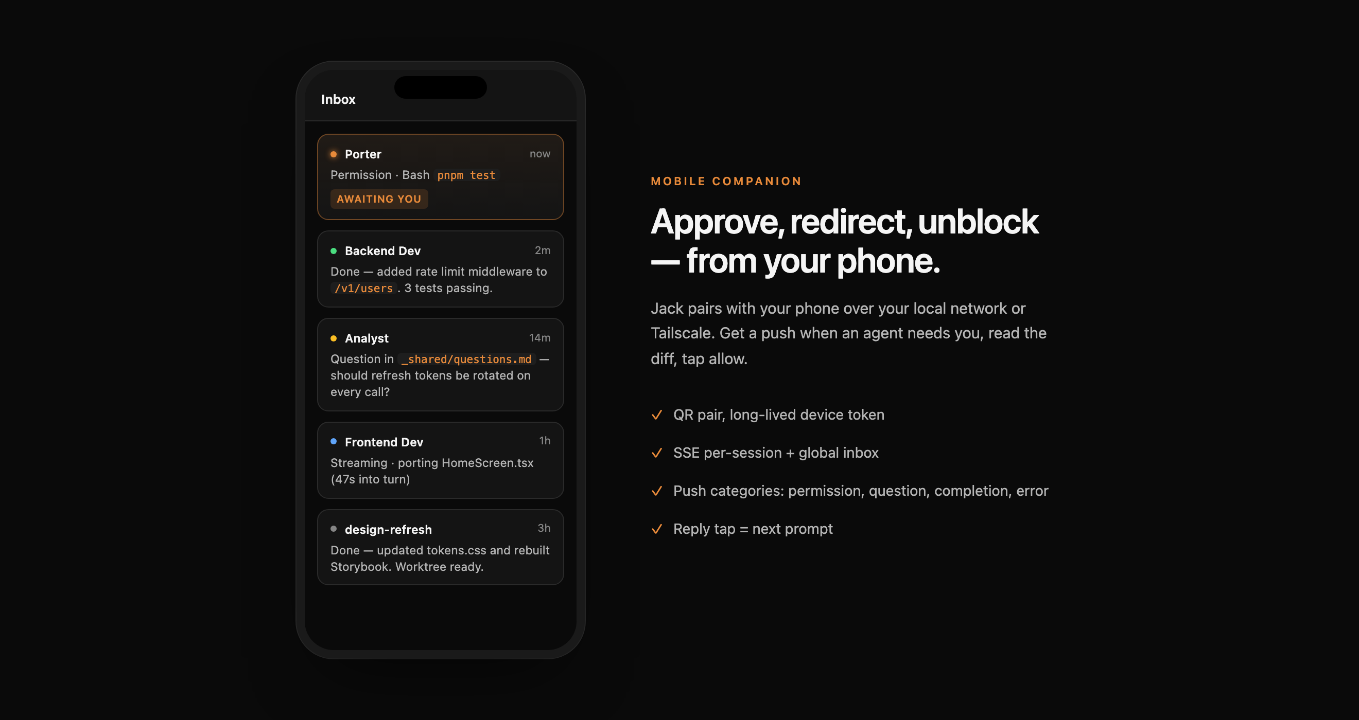Mobile companion phone showing inbox of agent notifications