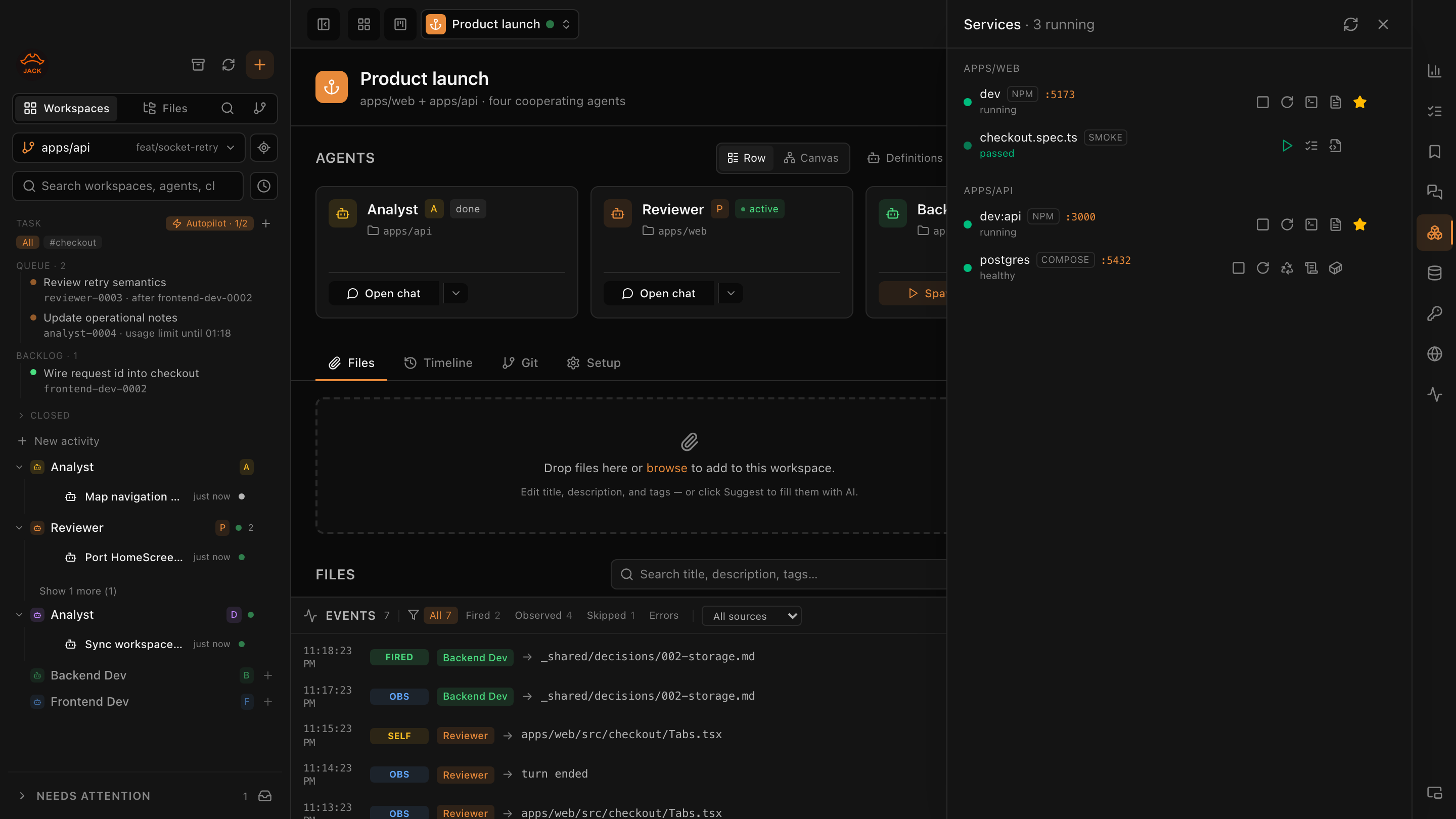 Services panel with package scripts, Docker Compose services and an exported smoke test