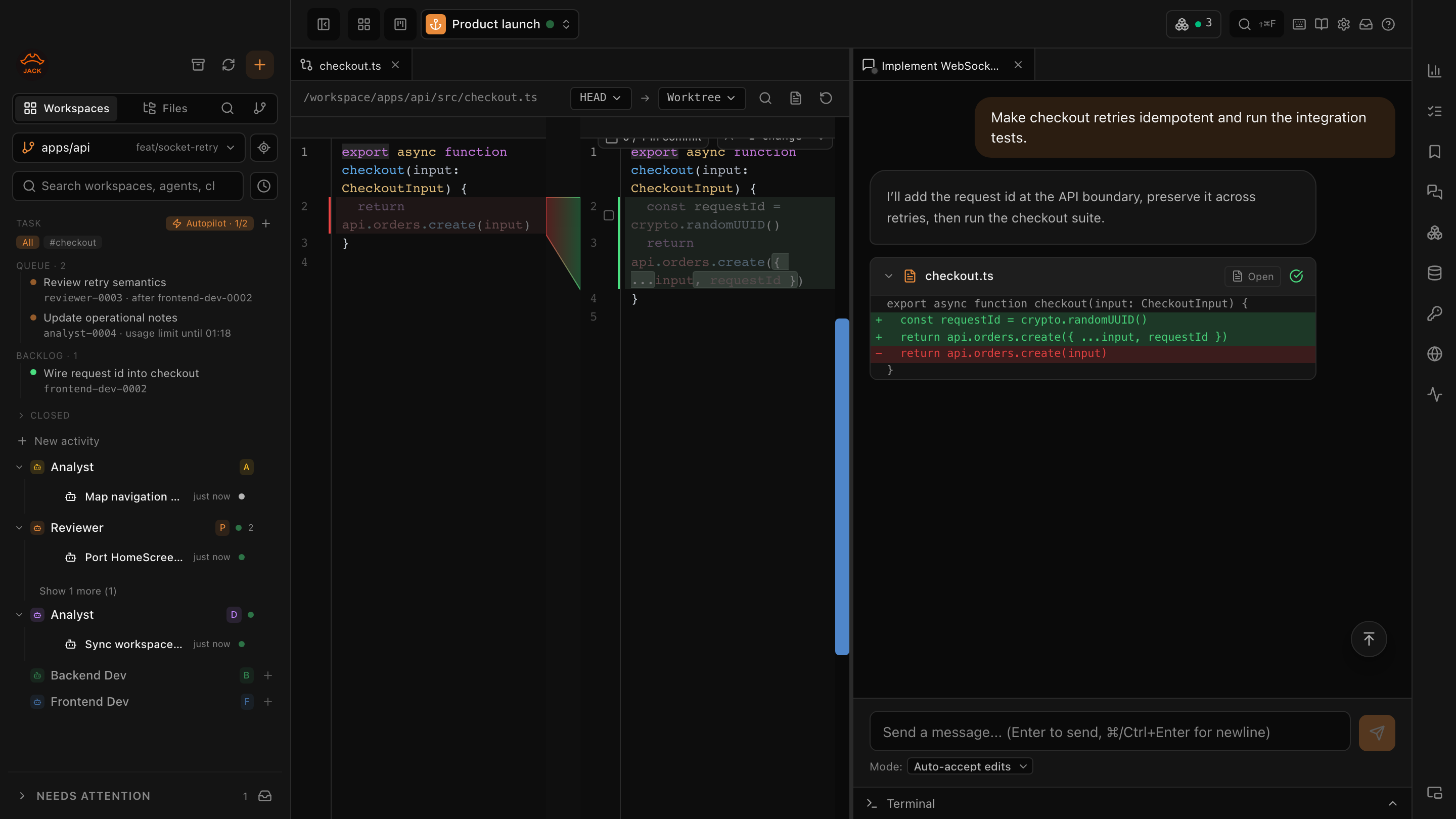 Jack workbench with a file diff in one pane and an agent chat in the other