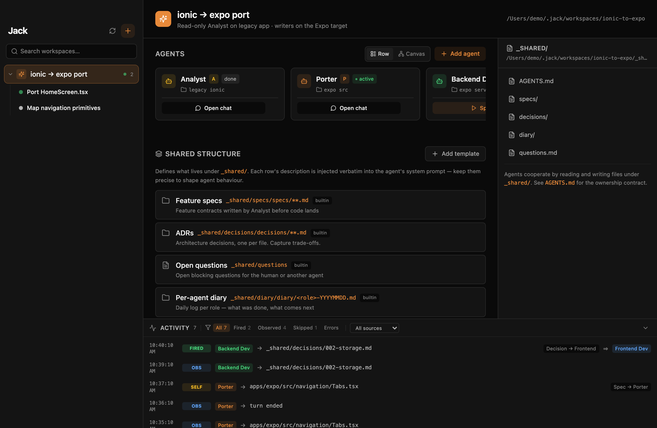 Workspace board — agent strip, shared structure, triggers, activity drawer